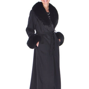 Black Fox Fur Trim Long Cashmere Coat